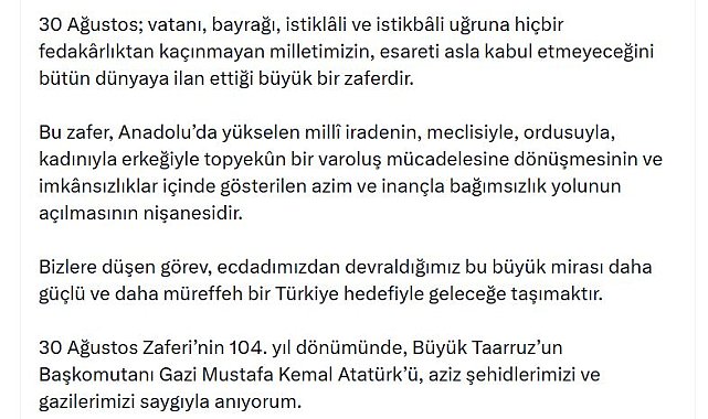 TBMM Başkanı Kurtulmuş'tan '30 Ağustos' mesajı