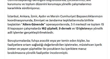 15 ilde 'Ailem Güvende' operasyonu: 162 şüpheli, 9 dernek ve 13 işletmeye adli işlem