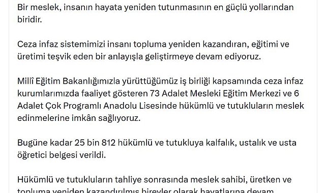 25 bin 812 hükümlü ve tutukluya kalfalık, ustalık ve usta öğretici belgesi verildi