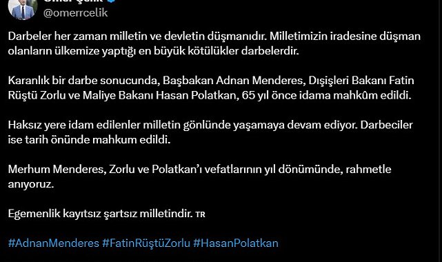 AK Parti'li Çelik, Menderes, Polakan ve Zorlu'yu andı