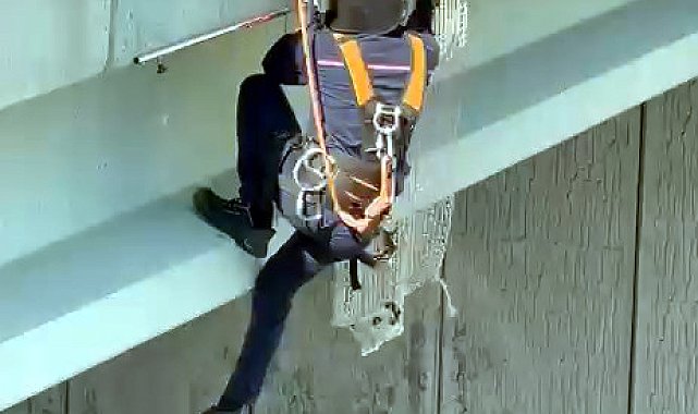 Arnavutköy'de köprü üzerindeki panoda mahsur kalan kediyi itfaiye kurtardı