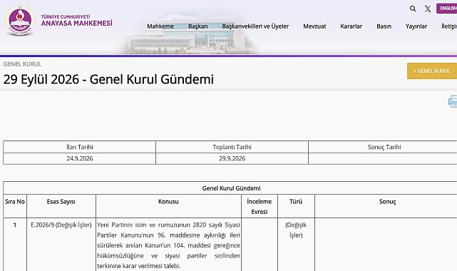AYM, Yeni Parti'nin ismine ilişkin talebi 29 Eylül'de görüşecek