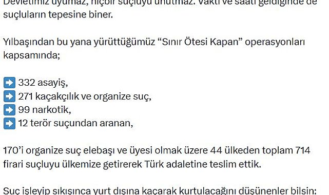 Bakan Çiftçi: 'Sınır Ötesi Kapan' operasyonlarında 714 firari suçlu yakalandı