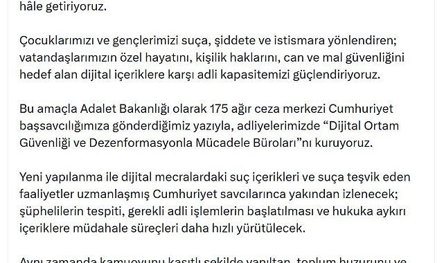 Bakan Gürlek: 'Dijital Ortam Güvenliği ve Dezenformasyonla Mücadele Büroları' kuruyoruz