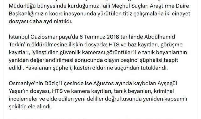 Bakan Gürlek: İki cinayet dosyası daha aydınlatıldı