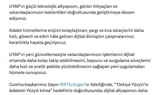 Bakan Gürlek: UYAP'ın yeni güncellemesiyle yeni uygulamaları hizmete sunuyoruz