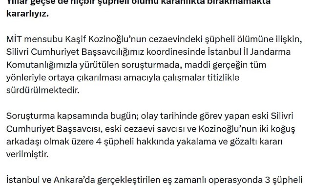 Bakan Gürlek'ten, 'Kaşif Kozinoğlu soruşturması' açıklaması