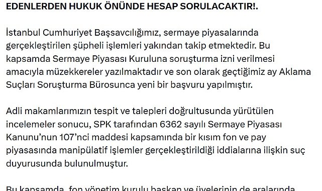 Bakan Gürlek'ten sermaye piyasalarında manipülasyon soruşturmaları açıklaması; 20 şüpheli tutuklandı