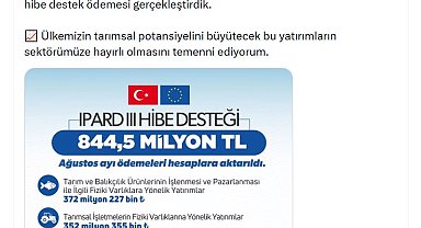 Bakan Yumaklı: Ağustosta 844,5 milyon TL hibe destek ödemesi yaptık