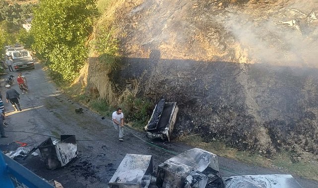 Buzdolabı yüklü kamyonette çıkan yangın, makilik alana sıçradı
