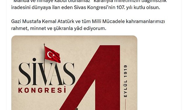 Cevdet Yılmaz'dan 'Sivas Kongresi'nin yıl dönümü paylaşımı