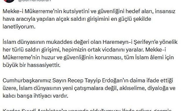 İletişim Başkanı Duran: Mekke-i Mükerreme'yi hedef alan saldırı girişimini en güçlü şekilde lanetliyorum