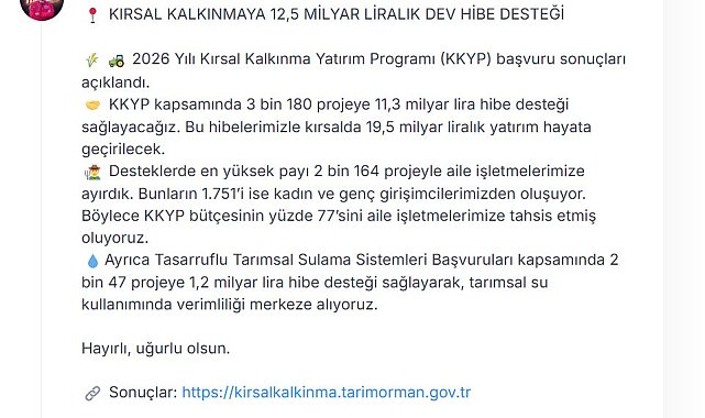 Kırsal kalkınmaya 12,5 milyar liralık hibe desteği