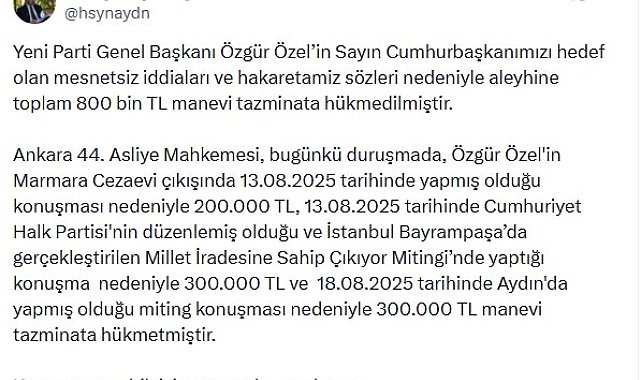 Özgür Özel hakkında 800 bin TL tazminat kararı