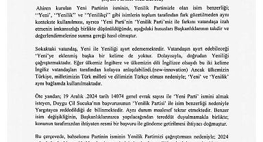 Yenilik Partisi, 'Yeni Parti'nin isminin değiştirilmesi için Yargıtay'a başvurdu