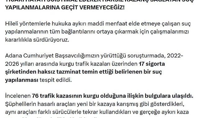Adana merkezli 'kurgu trafik kazası' operasyonu: 77 gözaltı