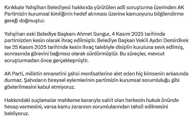 AK Parti'li Demir: Şahısların eylemlerinin partimizin kurumsal sorumluluğu gibi gösterilmesini kabul etmiyoruz