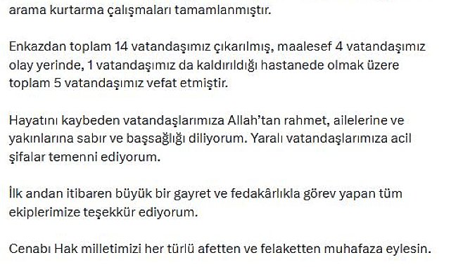Bakan Çiftçi: Çöken binanın enkazındaki arama kurtarma çalışmaları tamamlandı