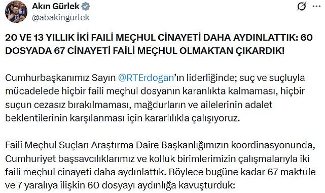 Bakan Gürlek: 2 faili meçhul dosyayı daha aydınlattık