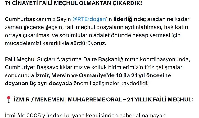 Bakan Gürlek: 64 dosyada 71 cinayeti faili meçhul olmaktan çıkardık