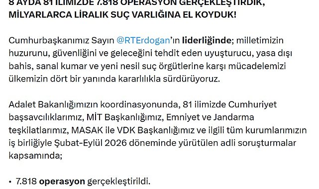 Bakan Gürlek: 8 ayda 32 bin 882 şüpheli tutuklandı