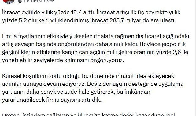 Bakan Şimşek: Dış ticaret açığındaki artış savaşın başında öngörülenden daha sınırlı kaldı