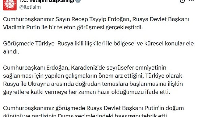 Cumhurbaşkanı Erdoğan, Rusya Devlet Başkanı Putin ile telefonda görüştü