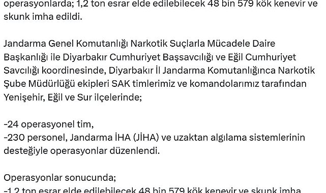 Diyarbakır'da 48 bin kök kenevir ve skunk imha edildi