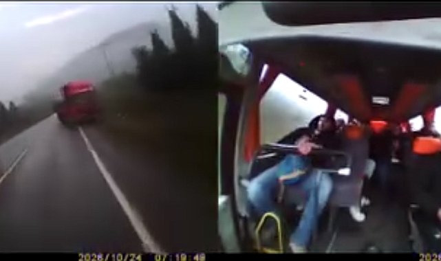 Hatalı sollama yapan kamyon ile midibüs burun buruna geldi