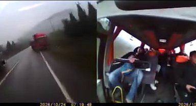 Hatalı sollama yapan kamyon ile midibüs burun buruna geldi