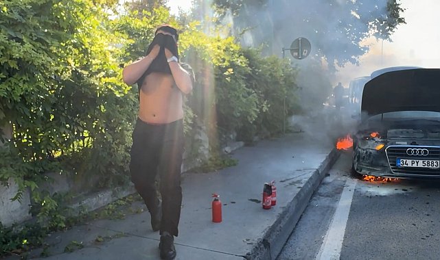 Kağıthane'de otomobil yandı; vatandaş kola şişesiyle müdahale etti