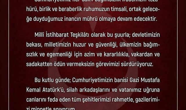 MİT Başkanı Kalın'dan Cumhuriyet Bayramı mesajı