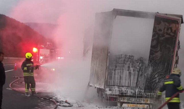 Otoyolda kişisel bakım ürünleri yüklü TIR yandı