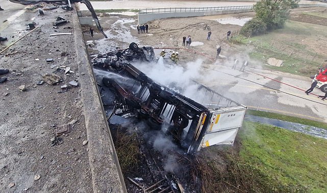 TIR, köprüden uçup yandı; şoförü atlayarak son anda kurtuldu