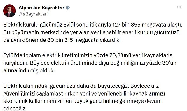 Türkiye'nin elektrik kurulu gücü 127 bin 355 megavata ulaştı