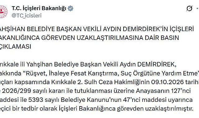 Yahşiyan Belediye Başkanvekili Demirdirek, görevden uzaklaştırıldı